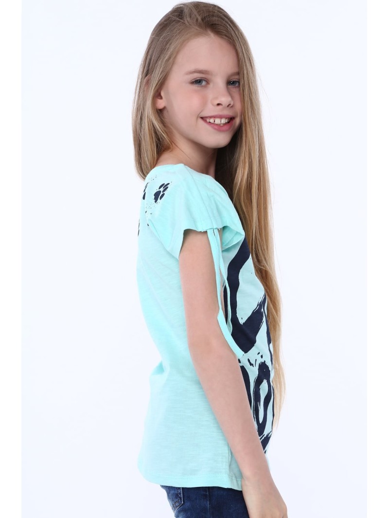 Girls\' blouse with short sleeves and an inscription, mint NDZ81690 - Online store - Boutique